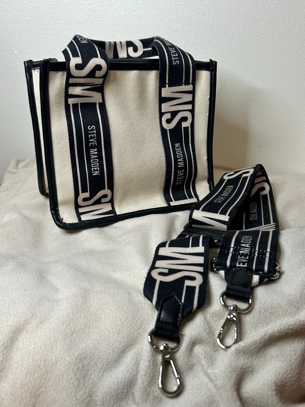 Steve Madden Cream Black Logo Strap Mini Tote Crossbody Bag